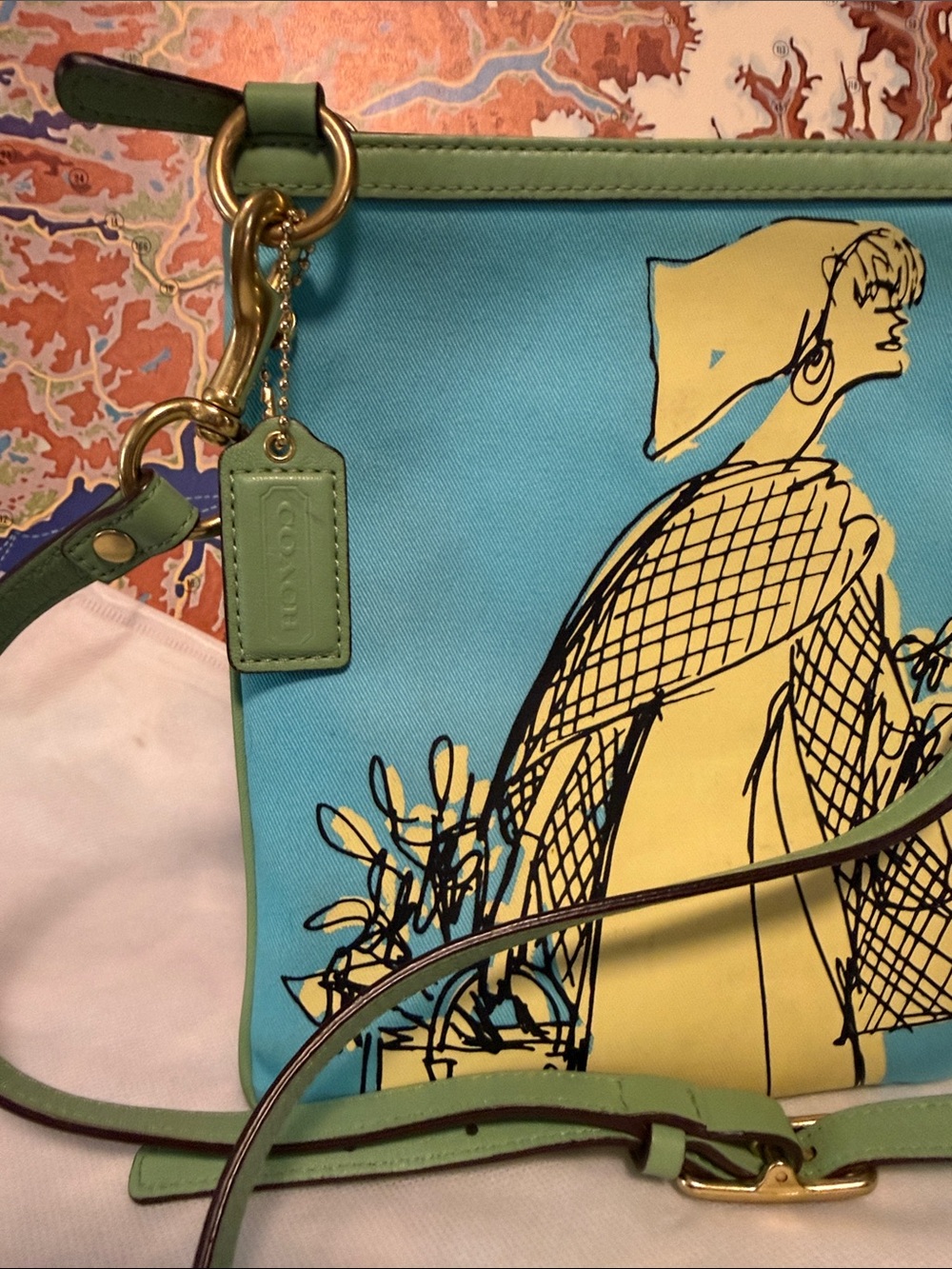 Coach Aqua and Yellow Illustrated Crossbody with Green Trim - Picture 3 of 9
